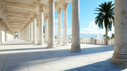 Obraz premium Sunlit Classical Colonnade with Palm Tree and Mountain View