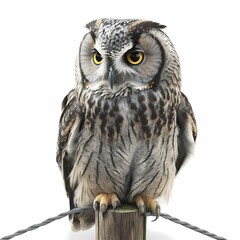 Obraz premium Portrait of an owl who sits on a pole, white backround, AI generated Art