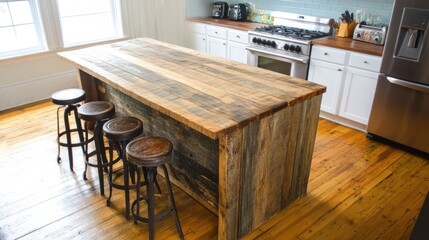 A kitchen island made of reclaimed wood with eco-friendly barstools.
