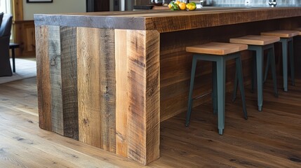 A kitchen island made of reclaimed wood with eco-friendly barstools.