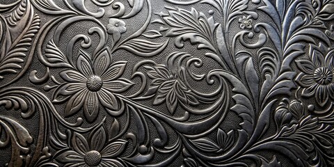 Embossed shiny black leather with intricate floral patterns and foliage design , glossy, patterns,  glossy, patterns,embossed