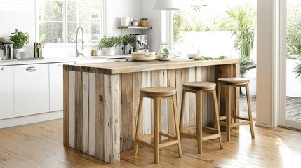 A kitchen island made of reclaimed wood with eco-friendly barstools.