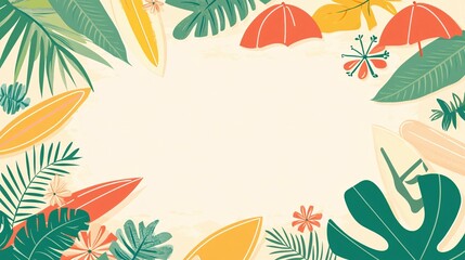 Tropical Summer Beach Scene with Surfboards and Umbrellas