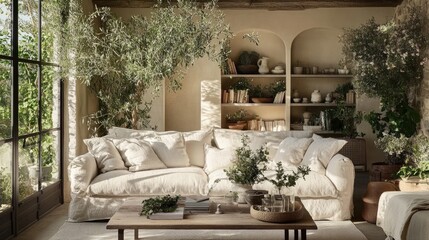 Fototapeta premium A living room featuring a reclaimed wood coffee table and linen-covered sofa.