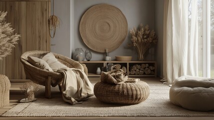 A living room with rattan decor elements, linen drapes, and wooden accents.