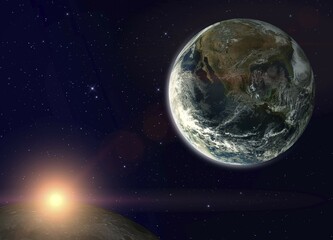 Fantasy composition with the Earth in a starry sky. The sun rises behind the Moon. Elements of this image furnished by NASA