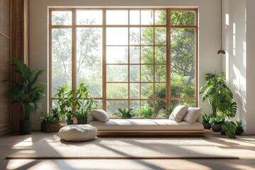 Sunlit Modern Living Room with Large Windows and Abundant Greenery Creating a Serene and Inviting Atmosphere for Relaxation and Comfort