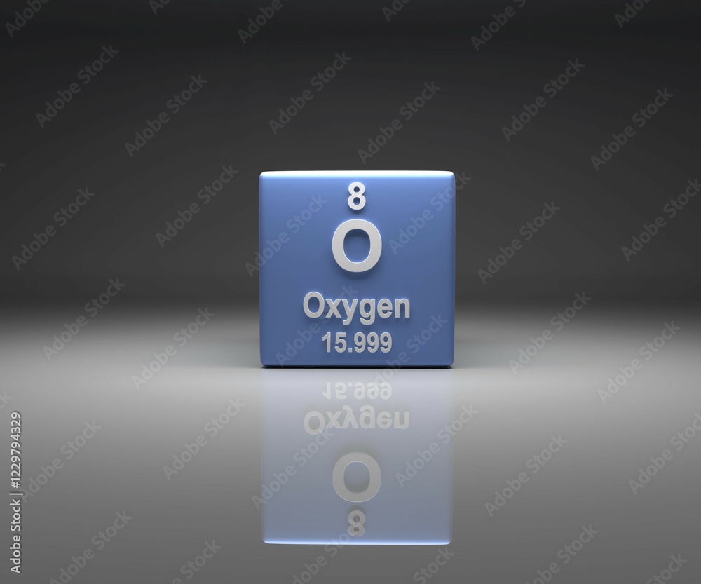 Poster cube with oxygen number 8 periodic table, 3d rendering