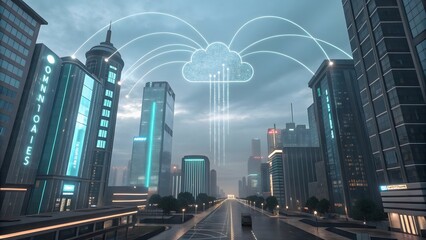 Modern Cityscape with Cloud Computing Technology Concept Art