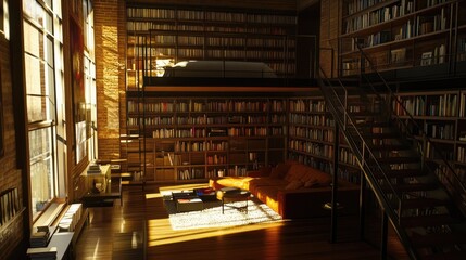 Obraz premium A loft apartment with an open concept, minimal furniture, and efficient storage.