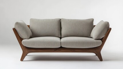Fototapeta premium A modern, minimalist two-seater sofa with a wooden frame and grey upholstery, featuring two seat cushions, two back cushions, and two side cushions, set against a plain white background.