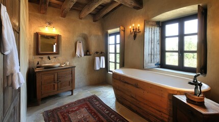 A luxurious bathroom with a freestanding wooden bathtub and lime plaster walls.
