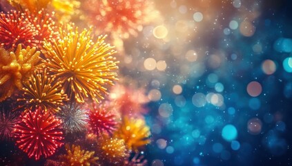 Colorful Abstract Background with Vibrant Bokeh Lights and Textured Star-like Shapes in Warm Tones and Cool Tones for Creative Designs