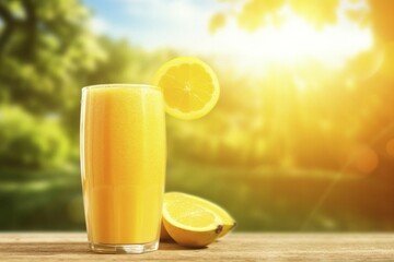 Fototapeta premium Fresh fruit shake in a glass, milkshake, smoothie, citrus fruit, orange, wellness drink, sunrise, AI generated