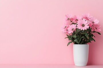 Obraz premium Pink flowers arranged in a white vase on a soft pink background for decorative purposes