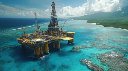 Fototapeta premium Offshore oil rig near tropical coastline.