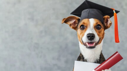 A cheerful dog wearing a graduation cap proudly holds a diploma, symbolizing achievement and celebration.