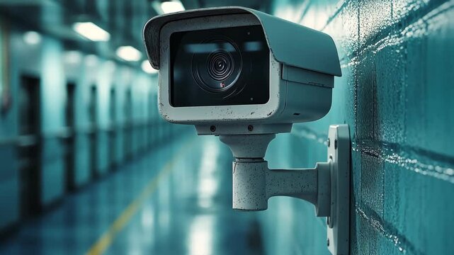 A security camera is installed on the wall in a brightly lit corridor, overseeing the area to ensure safety and monitor movements of people passing by.