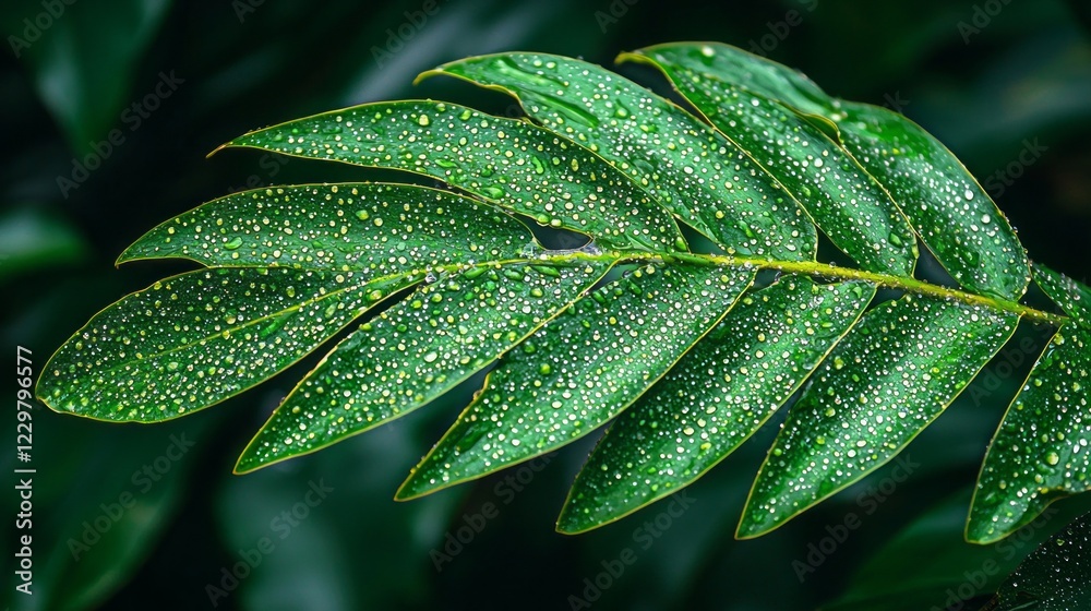 Aufkleber Vibrant leaves sparkle with an array of water droplets, illuminated by soft light filtering through a tranquil garden after a rejuvenating rain. Nature's beauty unfolds in radiant detail