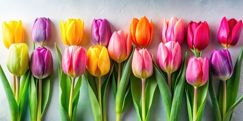 Fototapeta premium Vibrant Spring tulip flowers in a row, with green stems and leaves , spring tulips