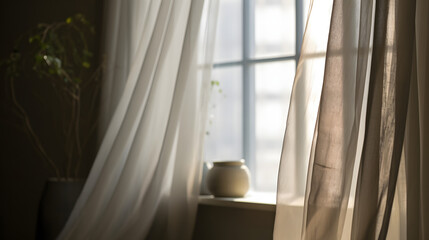 a window with a white curtain