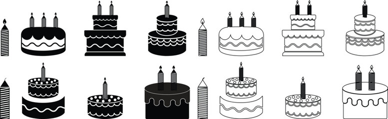 Cakes flat or line icon set collection. Vector of different types of beautiful modern cakes such as chocolate cake, Napoleon cake, tiramisu , eclair and cheesecake. Isolated on transparent background.