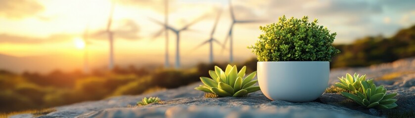 Sustainable Energy Concept with Wind Turbines and Green Plant in Focus at Sunset