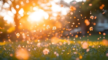 A vibrant cherry blossom tree in full bloom, petals gently falling onto a grassy meadow