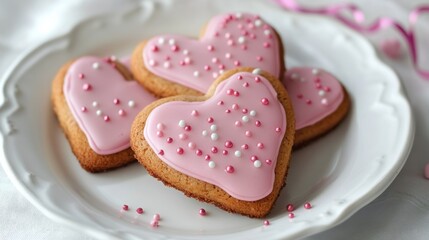 Heart-shaped Valentine cookies with pink icing and sprinkles, beautifully arranged on a white plate