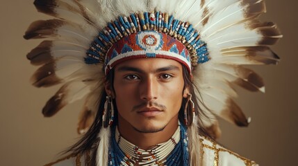 Obraz premium Traditional chief wearing an intricate feathered headdress. Ideal for cultural, historical, or artistic projects celebrating heritage and craftsmanship.