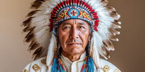 Obraz premium Traditional chief wearing an intricate feathered headdress. Ideal for cultural, historical, or artistic projects celebrating heritage and craftsmanship.