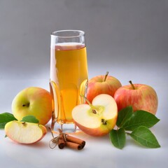 Glass of apple juice with fresh apples and cinnamon sticks