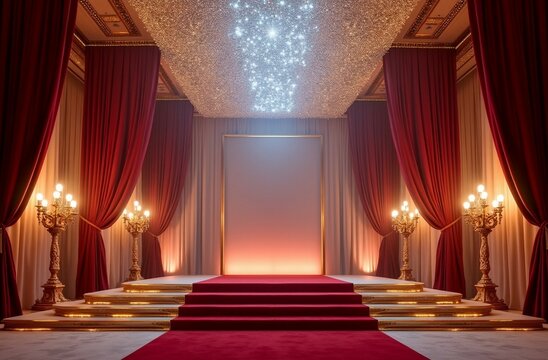 Red carpet stage with golden curtain on transparent background, ideal for glamorous event designs.