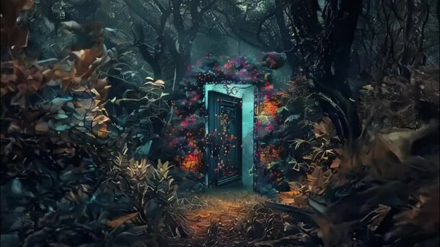 Fantastically beautiful door in wild forest leading to deep unknown, abstract vivid composition consists of fictional unreal fantastic vision on background