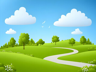 Obraz premium Winding path, green hills, sunny day, birds