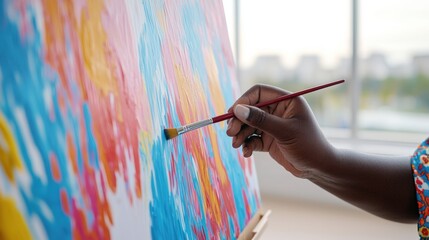 Mental health recovery and growth, A colorful abstract painting is being created, with a hand holding a brush, applying vibrant paint to the canvas.
