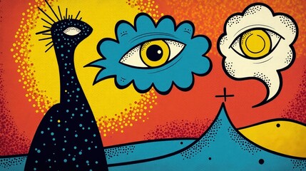 A radiant comic-inspired non-representational design with speech bubbles, bold outlines, and primary colors blending into dotted halftone patterns.