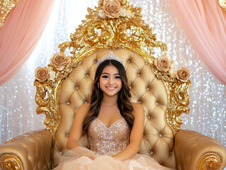 Quinceanera Glamorous Gold and Rose-Themed Celebration Features Elegant Decor and Radiant Smiles at a Joyful Event