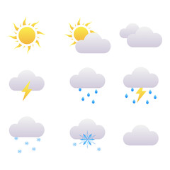 Set of weather icons. Contains icons of sun, clouds, snowflakes, wind, rain, temperature, etc. Vector illustration