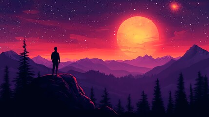 Majestic Mountain Sunset Landscape with Lone Figure