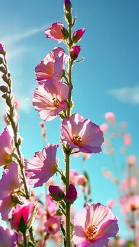 Pink checker mallow flowers blooming under the summer sun against a clear blue sky, creating a beautiful and dreamy natural scene video vertical