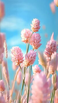 Pink checker mallow flowers blooming under the summer sun against a clear blue sky, creating a beautiful and dreamy natural scene video vertical