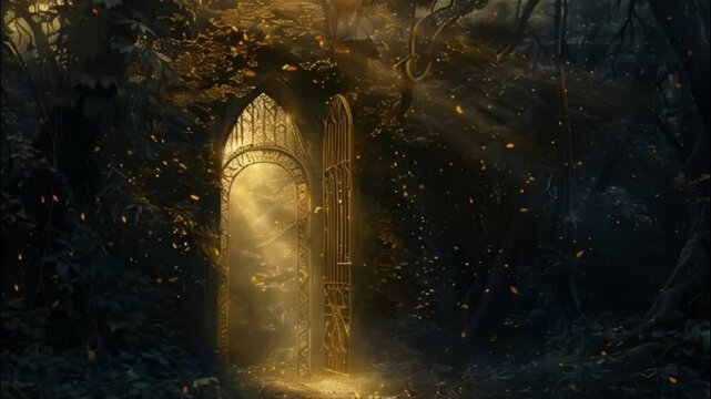 Fantastically beautiful door in wild forest leading to deep unknown, abstract vivid composition consists of fictional unreal fantastic vision on background