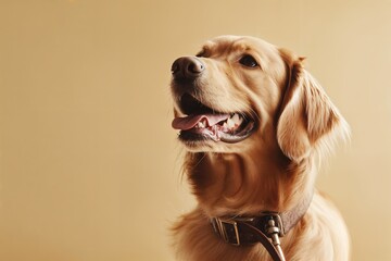 Fototapeta premium A golden retriever dog with its mouth open and tongue out.