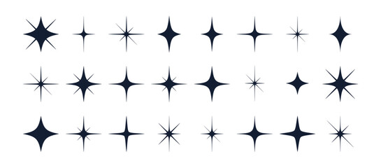Stars set, sparkle icons collection. Set star abstract shapes. Template for design poster, card, banner. Vintage graphic set of star, light rays. Hand drawn design elements. Vector Illustration