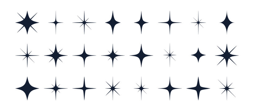 Stars set, sparkle icons collection. Set star abstract shapes. Template for design poster, card, banner. Vintage graphic set of star, light rays. Hand drawn design elements. Vector Illustration