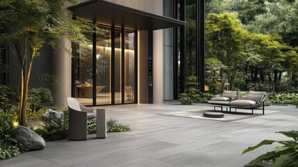 A modern home entrance with a facial recognition smart lock system.