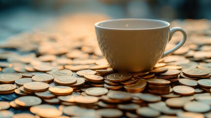 A White Cup Resting on a Pile of Golden Coins, bathed in the warm glow of sunrise, symbolizing financial success and the rewards of hard work.