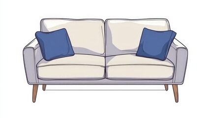 A stylish light gray sofa with wooden legs, adorned with four pillows: two solid dark blue and two with blue and white floral patterns. The elegant living room features framed artwork on the wall.