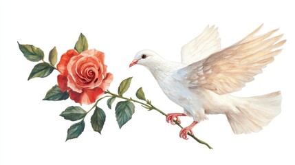 Obraz premium A white dove holding a rose in its beak, symbol of love and peace, detailed painting, isolated on white background. 